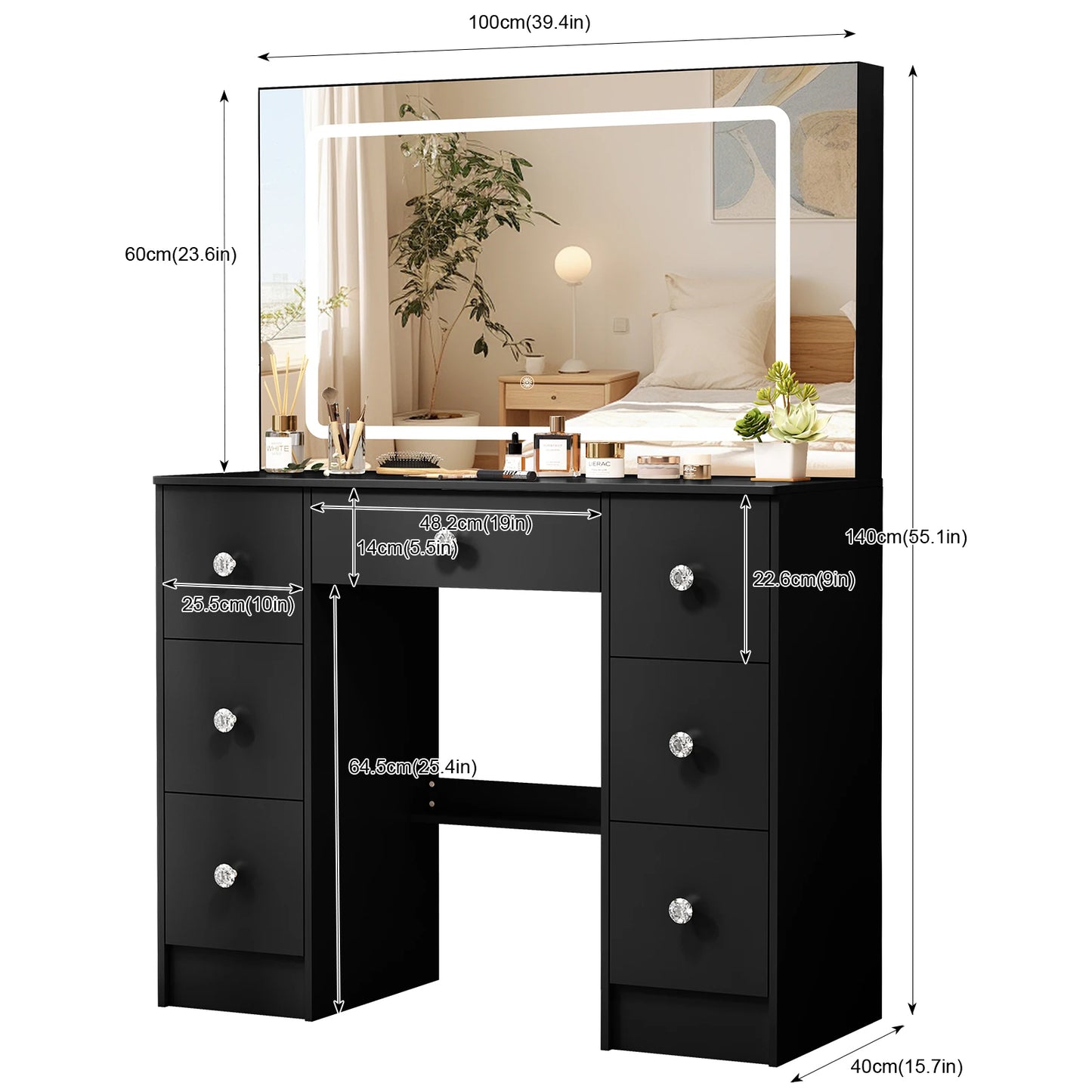 Toaletka Hollywood Glamour LED Czarna - Lustro 100x60cm + 7 Szuflad