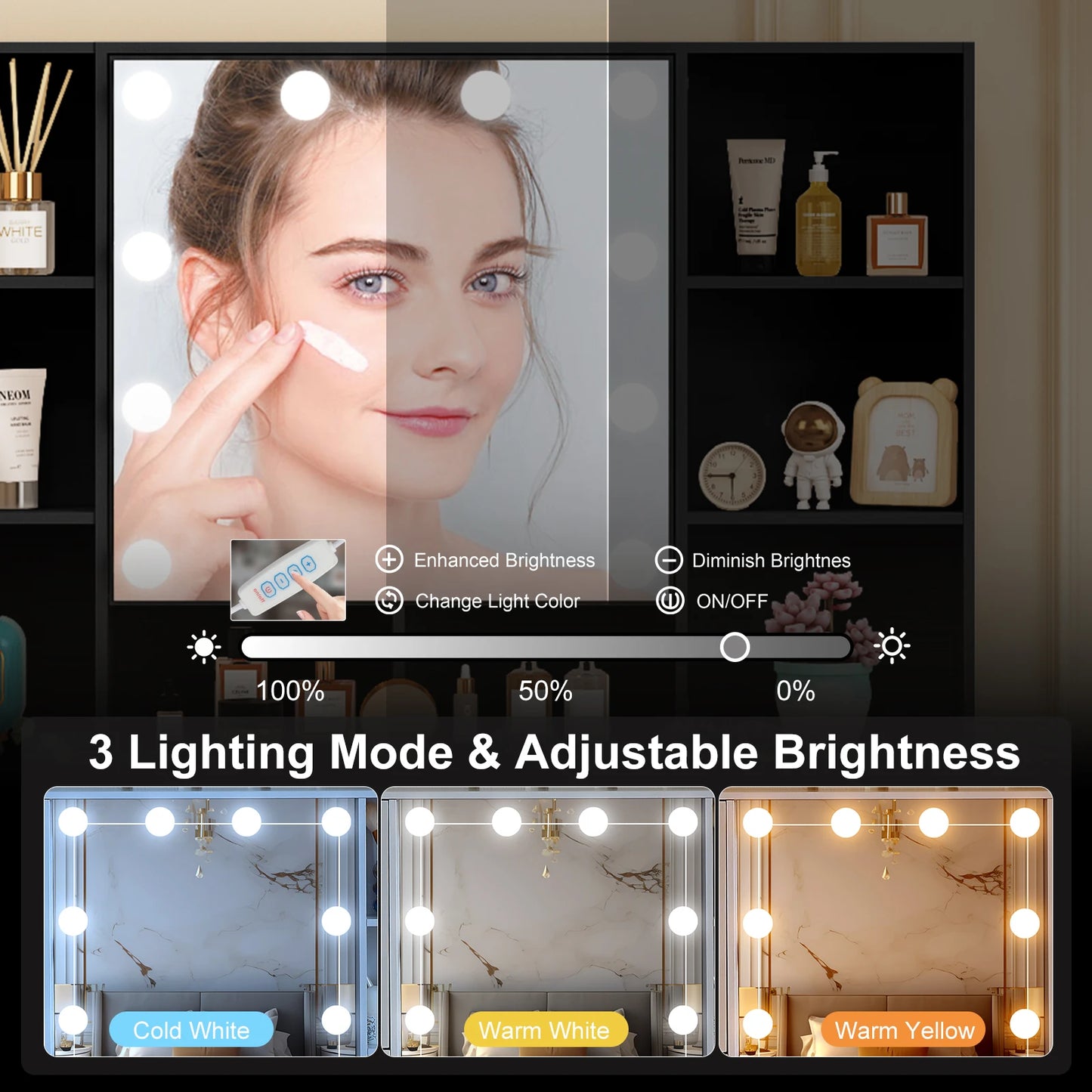 Toaletka Hollywood Glamour LED Czarna - 10 Żarówek + 7 Szuflad