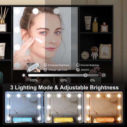 Toaletka Hollywood Glamour LED Czarna - 10 Żarówek + 7 Szuflad
