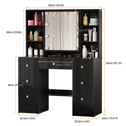 Toaletka Hollywood Glamour LED Czarna - 10 Żarówek + 7 Szuflad