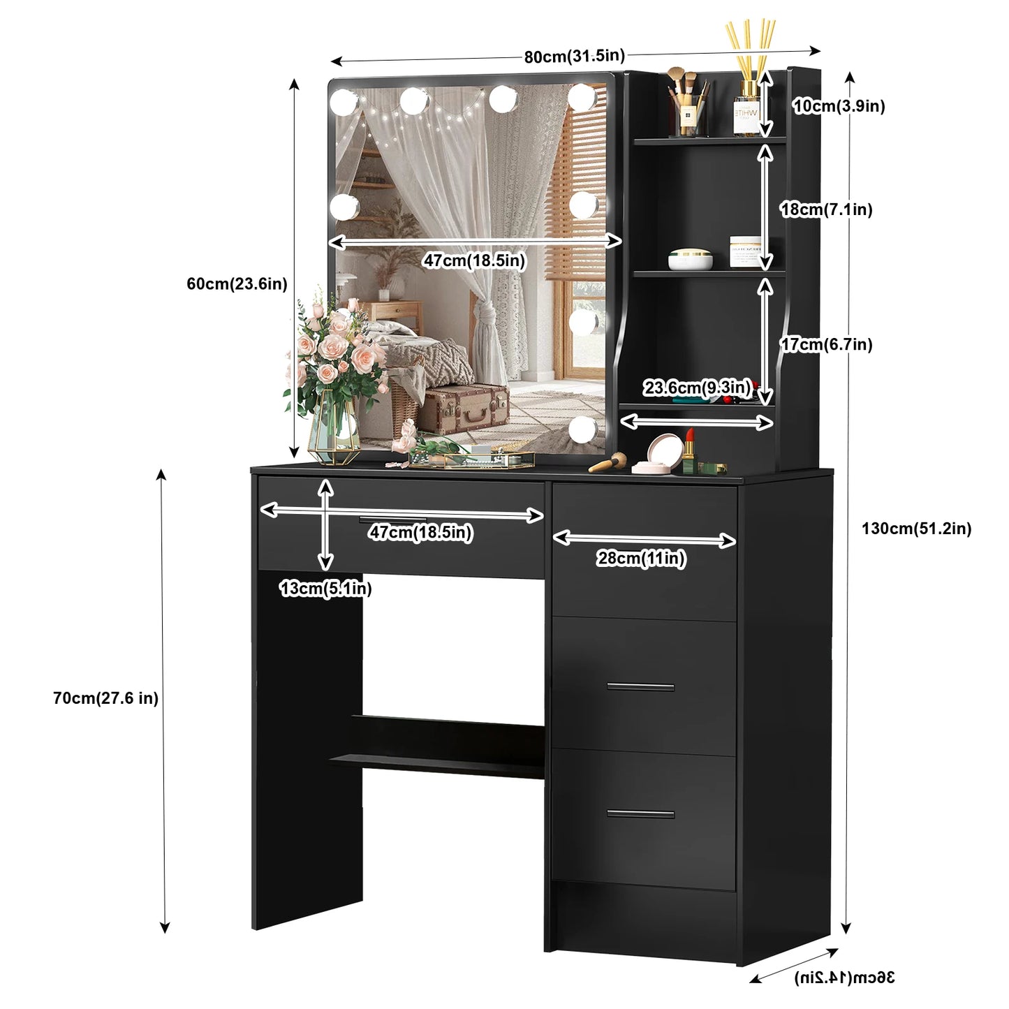 Toaletka Hollywood Glamour LED Czarna - Przesuwne Lustro + 4 Szuflady